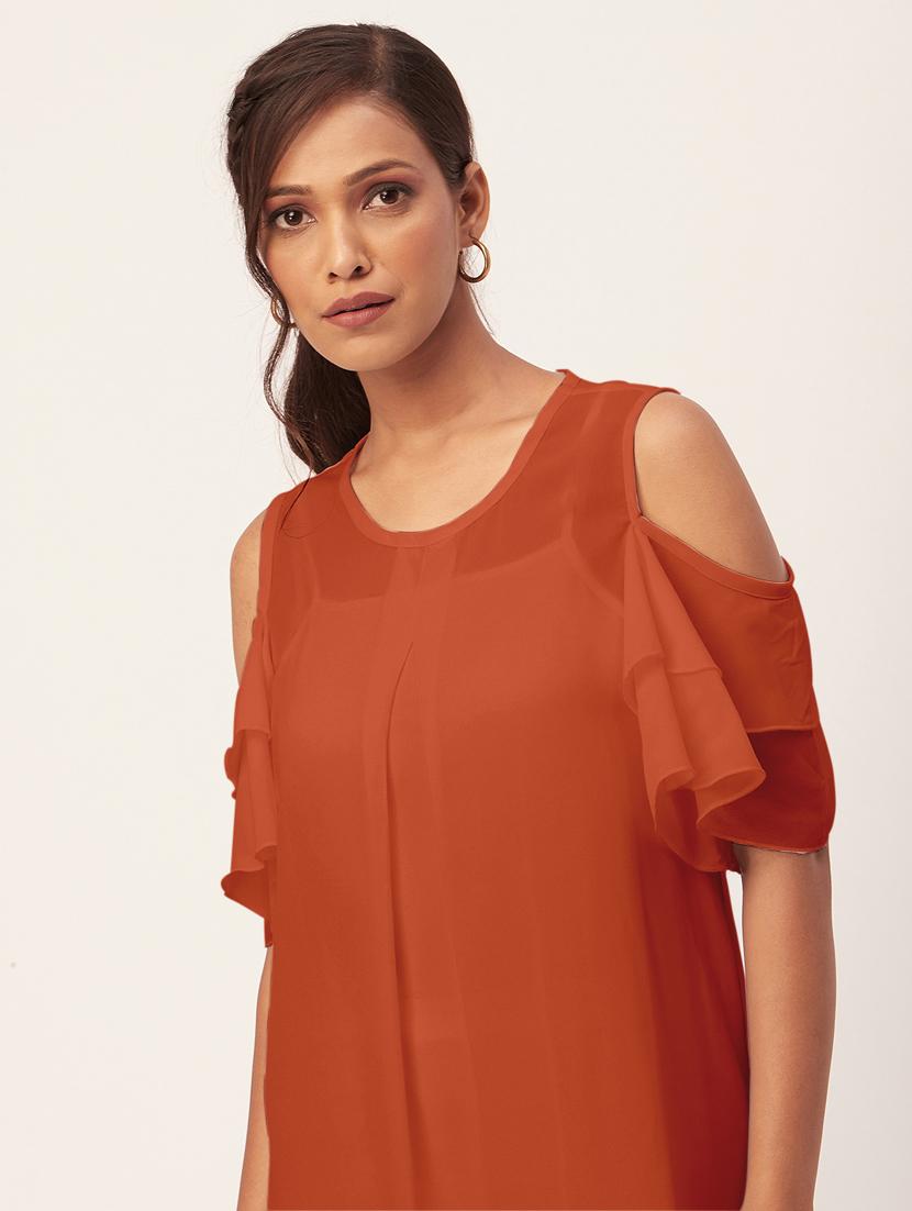 orange solid bell sleeves a-line dress - 20409397 - Standard Image - 4