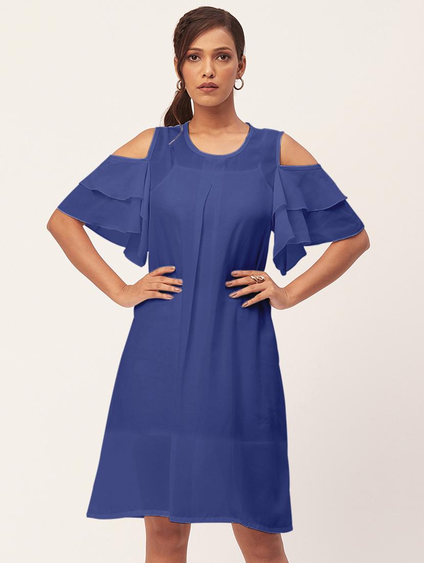 blue solid bell sleeves a-line dress - 20409400 -  Zoom Image - 0