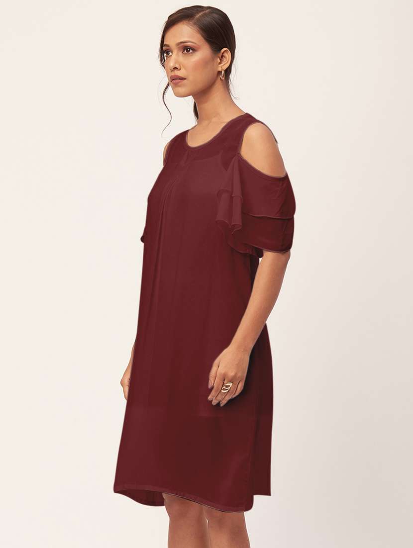 maroon solid bell sleeves a-line dress - 20409403 -  Standard Image - 1