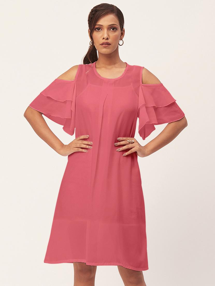 pink solid bell sleeves a-line dress - 20409404 - Zoom Image - 0