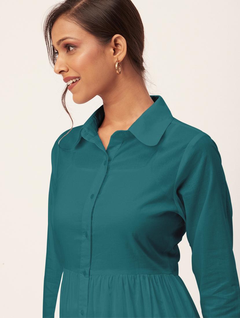 teal solid shirt collar tiered dress dress - 20409413 - Standard Image - 4