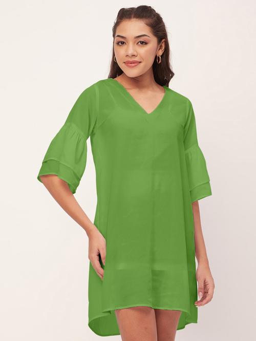 green solid bell sleeves a-line dress - 20409418 - Standard Image - 0