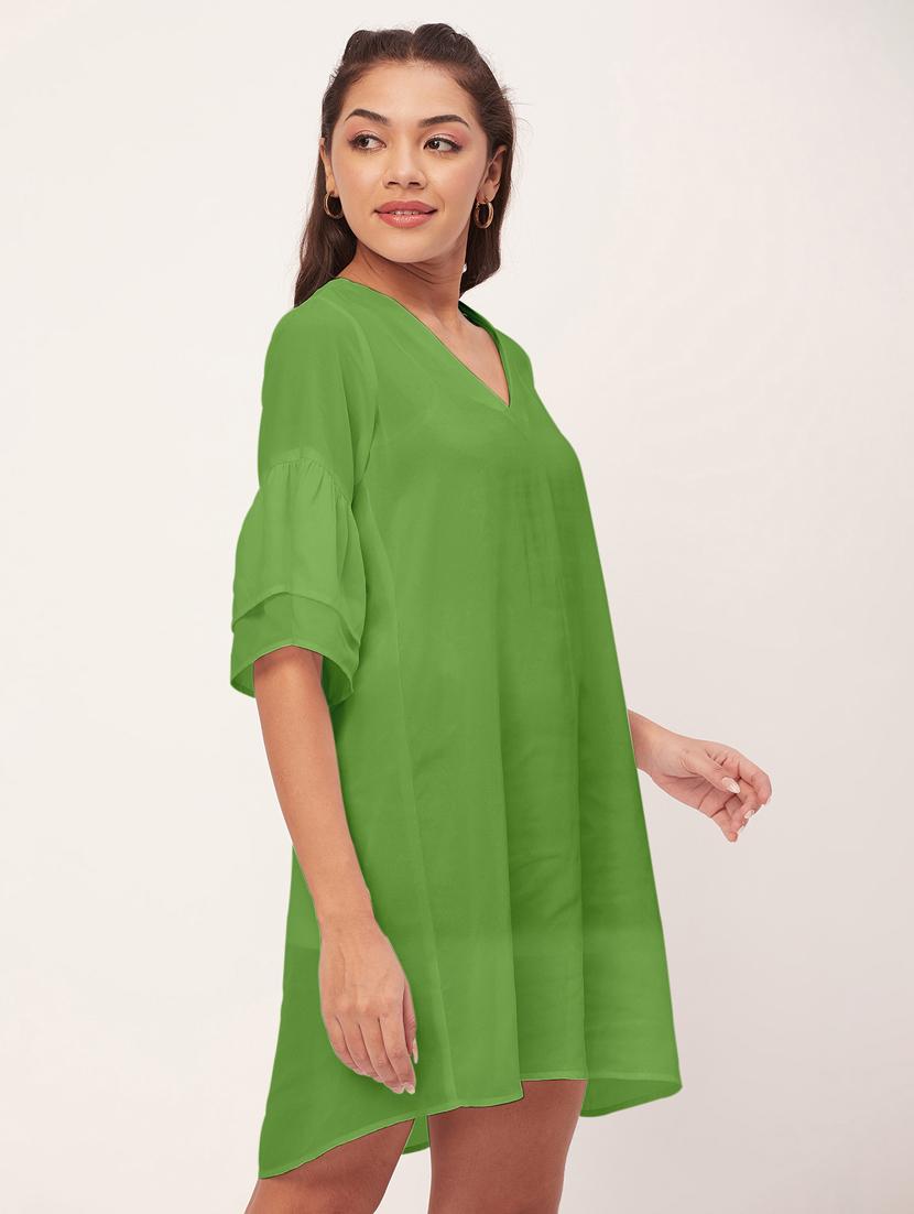 green solid bell sleeves a-line dress - 20409418 - Standard Image - 1