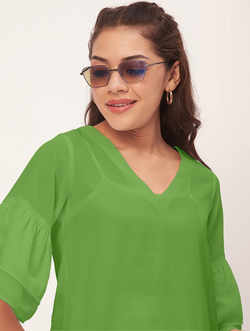 green solid bell sleeves a-line dress - 20409418 - Standard Image - 4