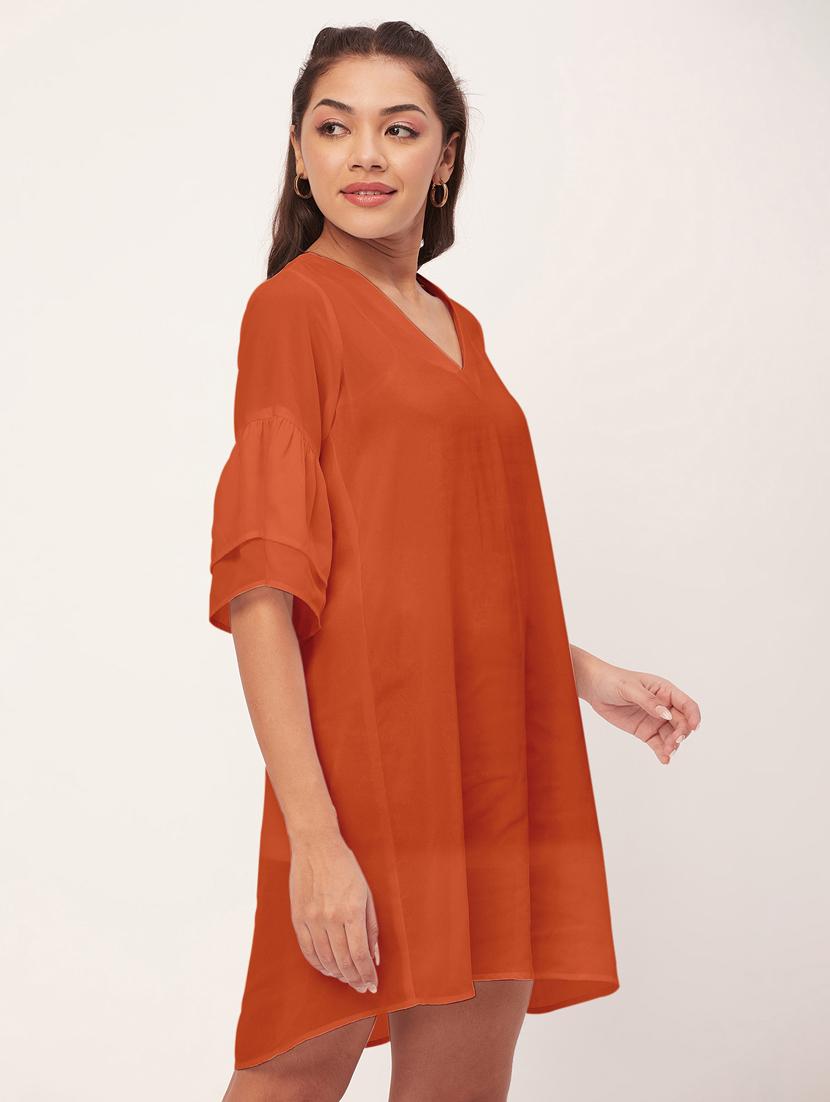 orange solid bell sleeves a-line dress - 20409419 - Standard Image - 1