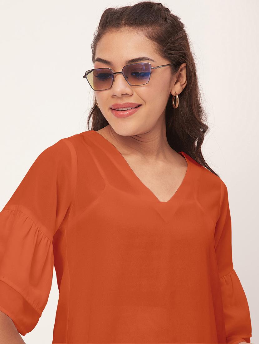 orange solid bell sleeves a-line dress - 20409419 - Standard Image - 4