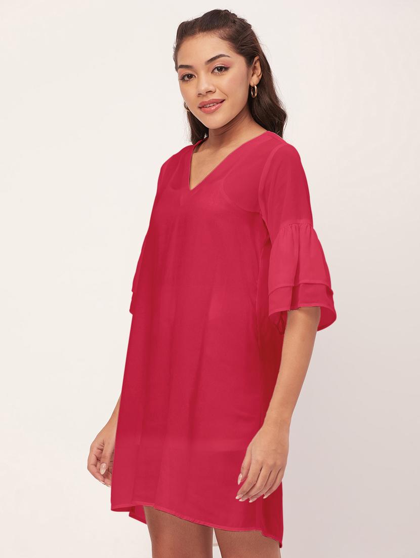 pink solid bell sleeves a-line dress - 20409420 -  Standard Image - 1