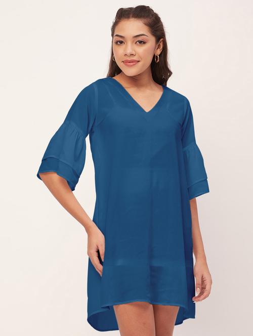 blue solid bell sleeves a-line dress - 20409423 -  Standard Image - 0