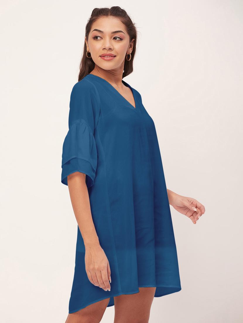 blue solid bell sleeves a-line dress - 20409423 -  Standard Image - 1