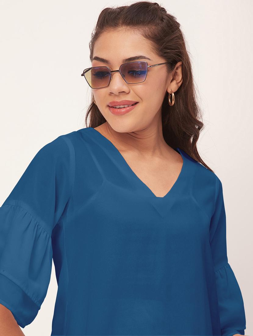 blue solid bell sleeves a-line dress - 20409423 - Standard Image - 4