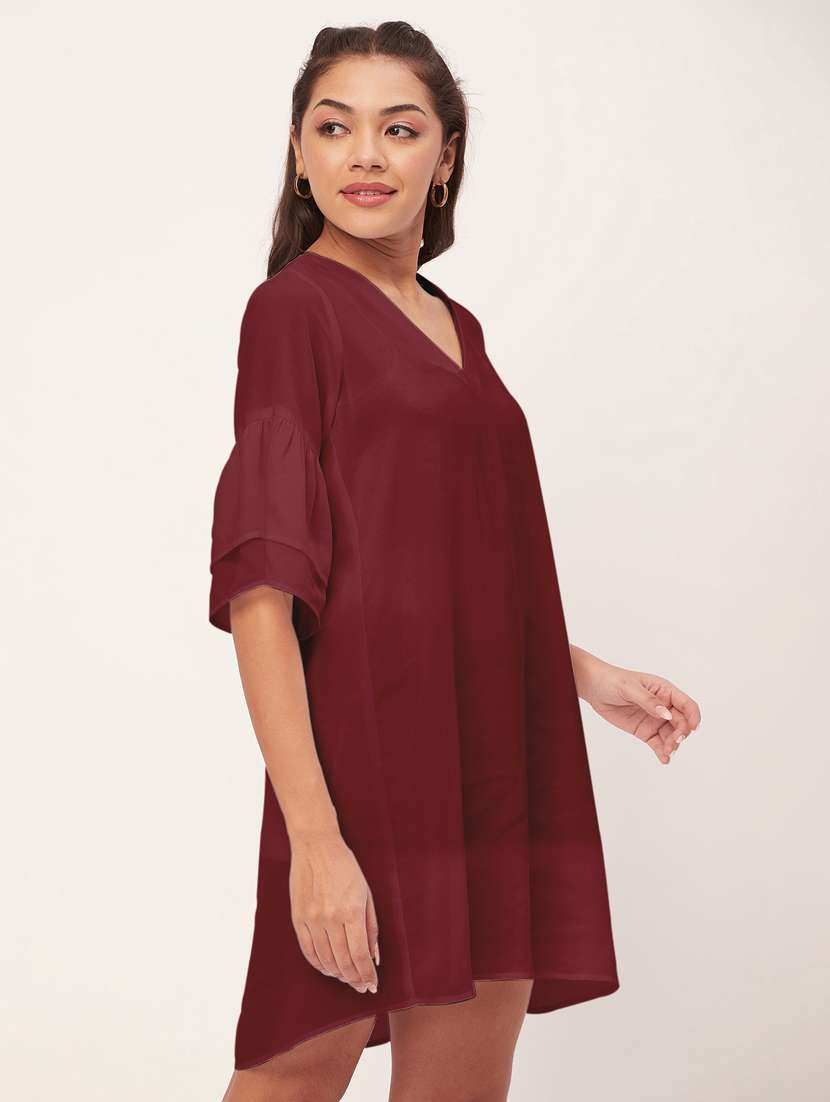 maroon solid bell sleeves a-line dress - 20409424 -  Standard Image - 1
