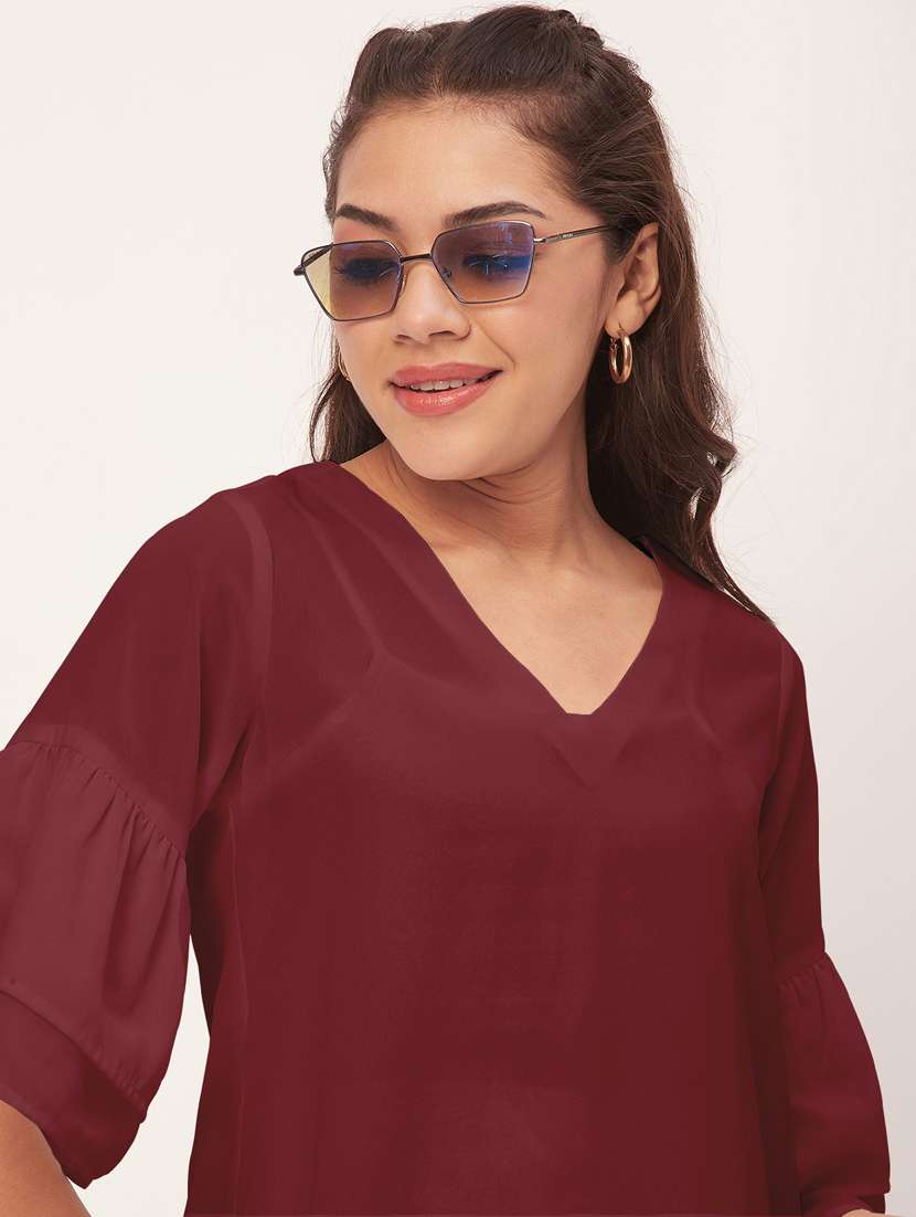 maroon solid bell sleeves a-line dress - 20409424 -  Standard Image - 4