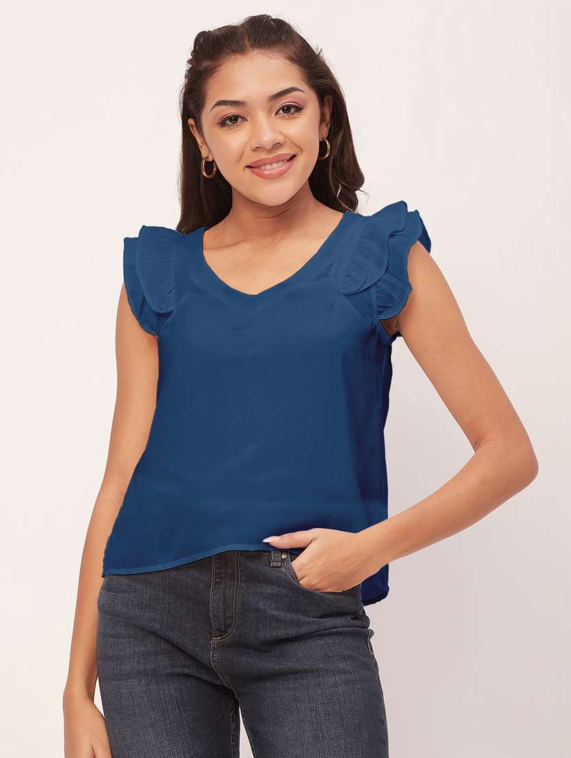 women blue poly moss straight top