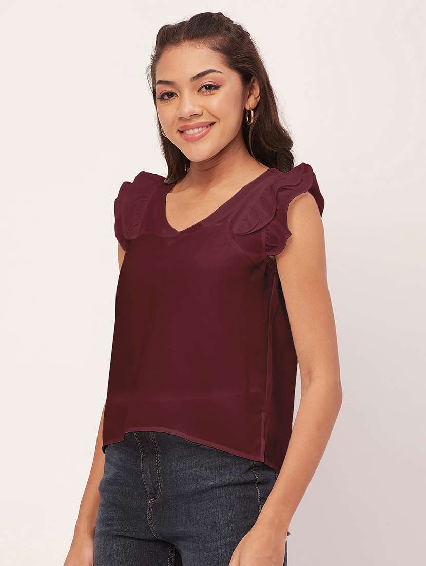 women maroon poly moss straight top - 20409562 -  Standard Image - 1