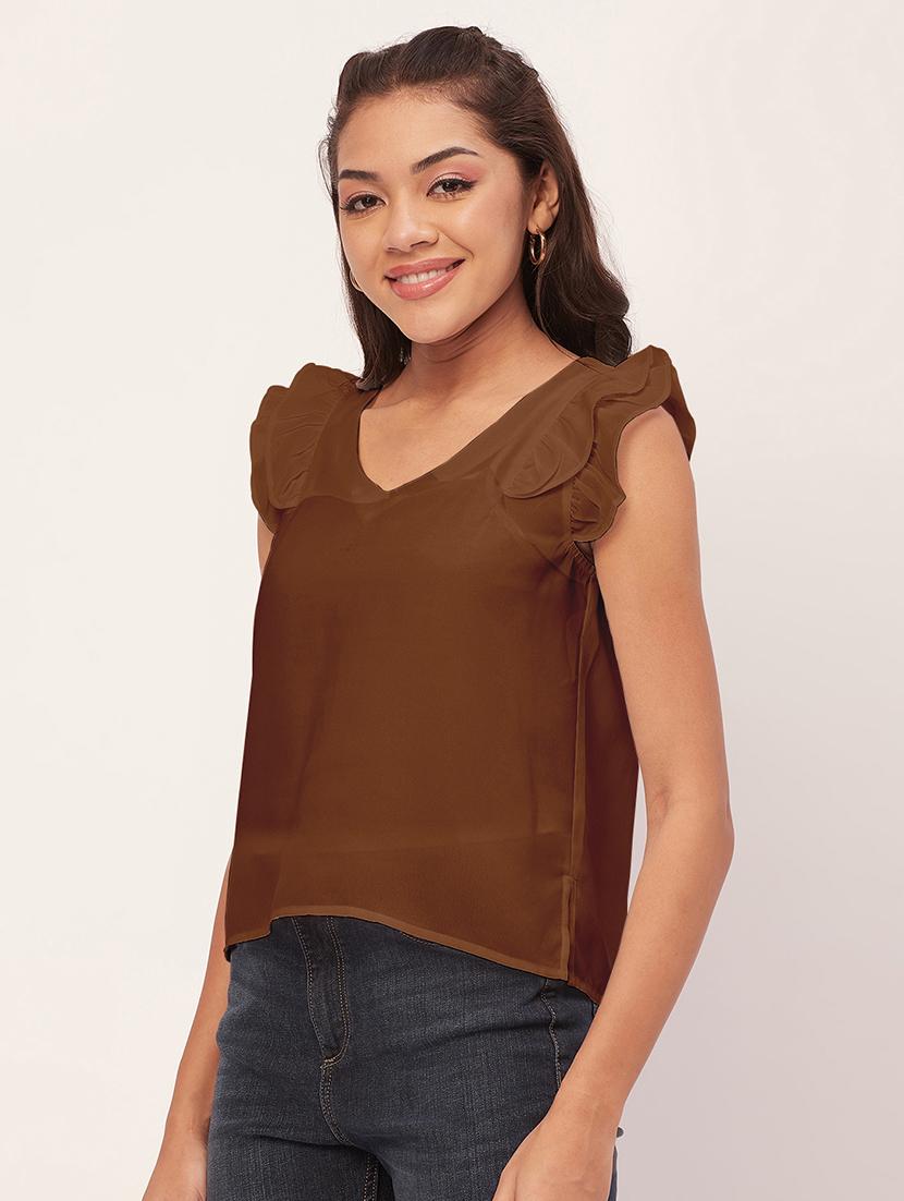 women brown poly moss straight top - 20409564 -  Standard Image - 1