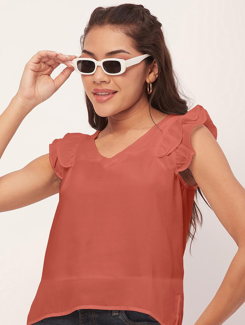 women peach v neck straight top - 20409565 - Standard Image - 4