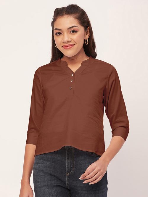 women brown satin regular top - 20409569 - Standard Image - 0