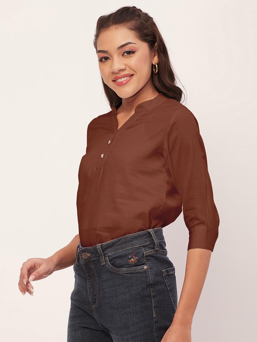 women brown satin regular top - 20409569 - Standard Image - 1