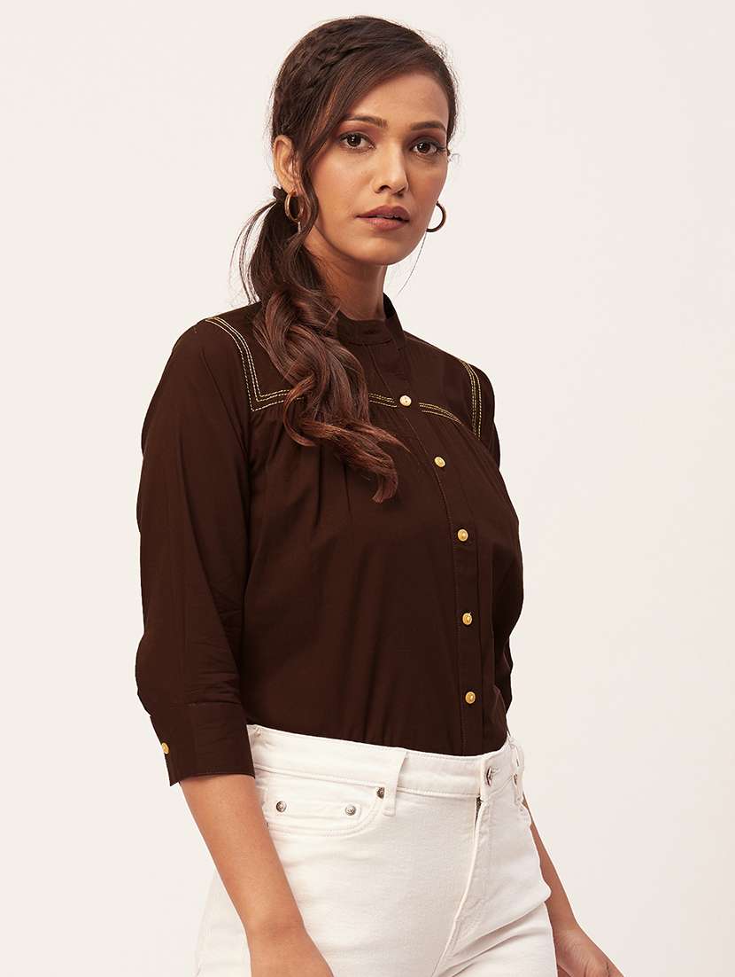 women brown cotton straight top - 20409576 -  Standard Image - 1