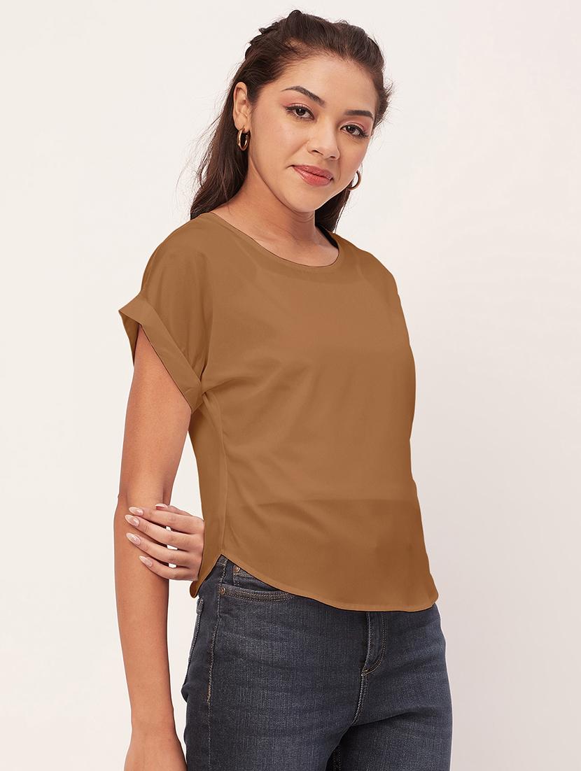 women brown crepe blouson top - 20409579 - Standard Image - 1