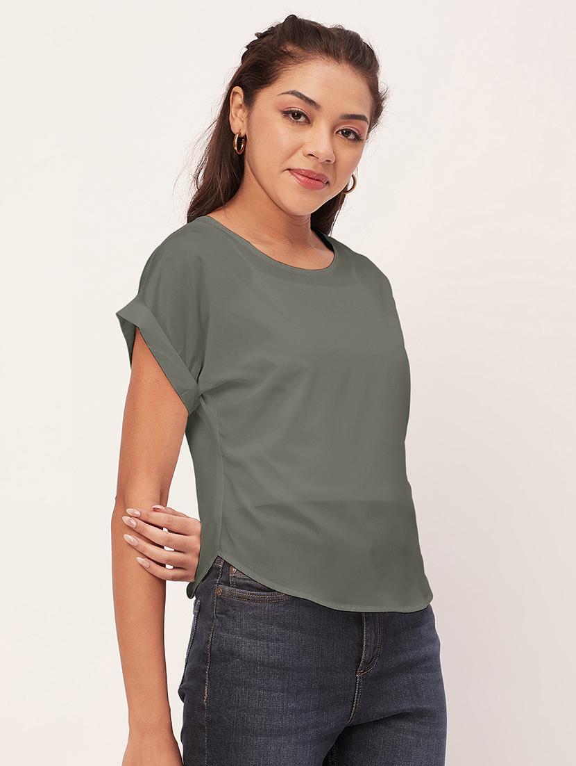 women grey crepe blouson top - 20409581 -  Standard Image - 1