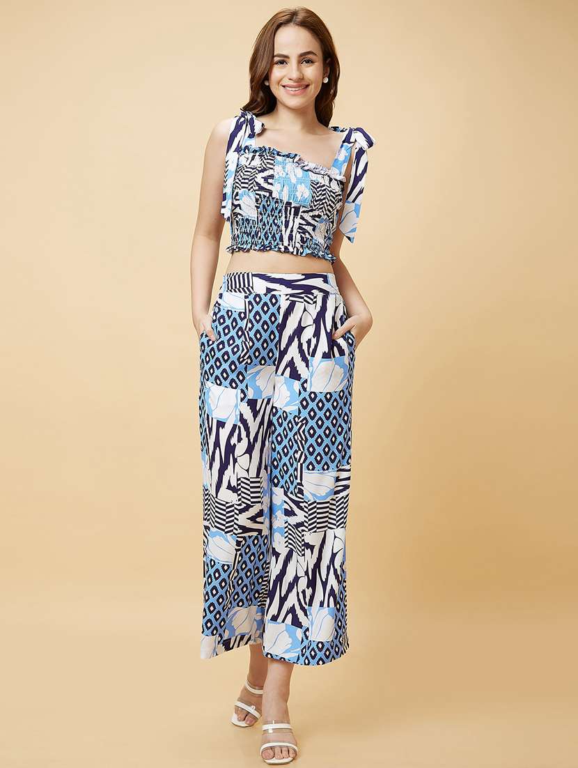 blue printed top and palazzos co-ord set