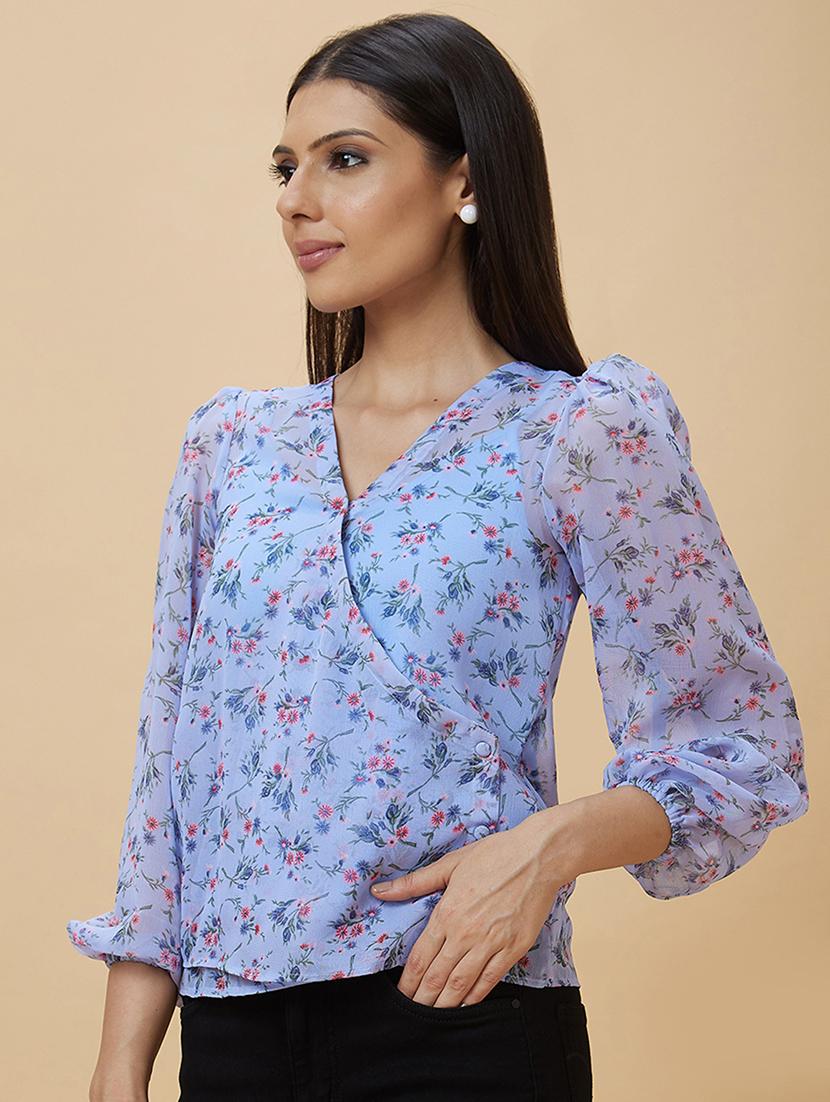 blue floral printed wrap top - 20410263 -  Standard Image - 1