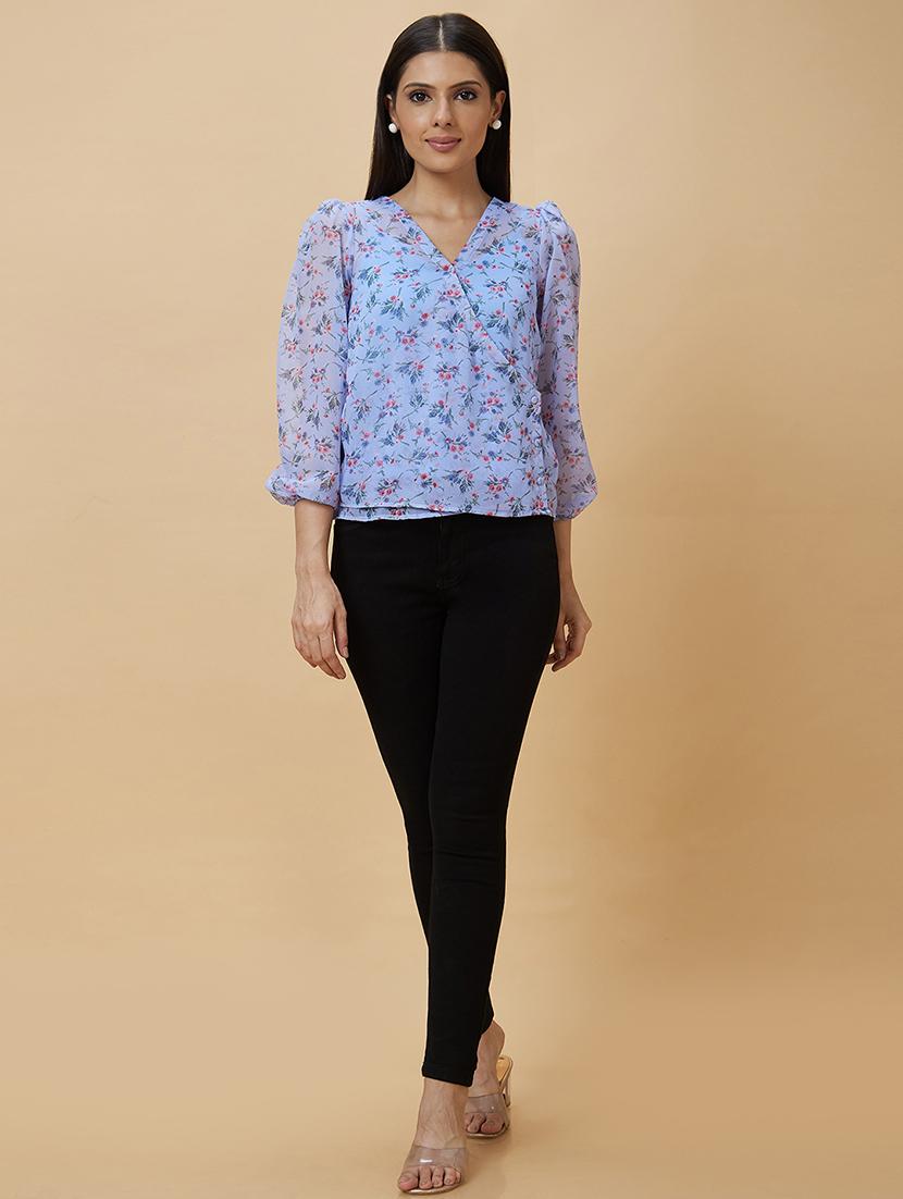 blue floral printed wrap top - 20410263 - Standard Image - 6