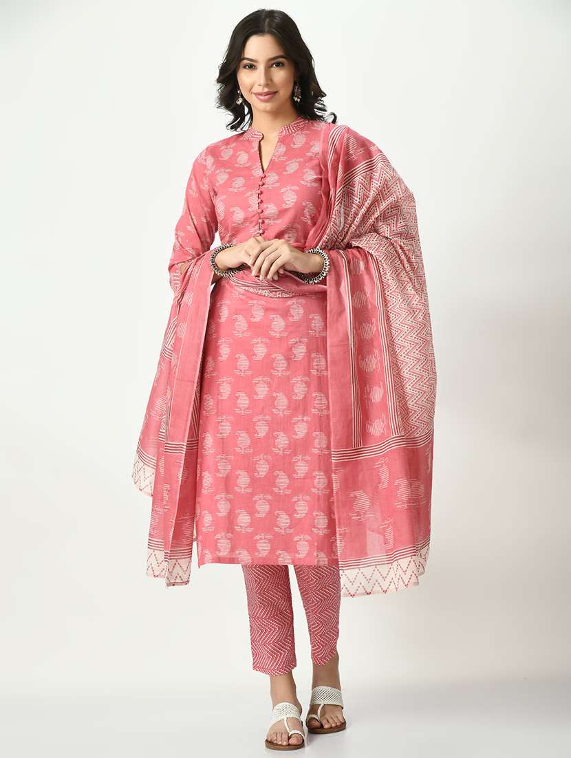 women pink mandarin neck kurta pant set with dupatta - 20410458 -  Standard Image - 1