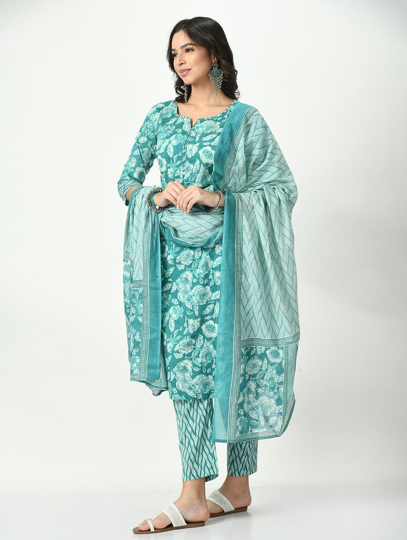 women turquoise notch neck kurta pant set with dupatta - 20410461 - Standard Image - 1