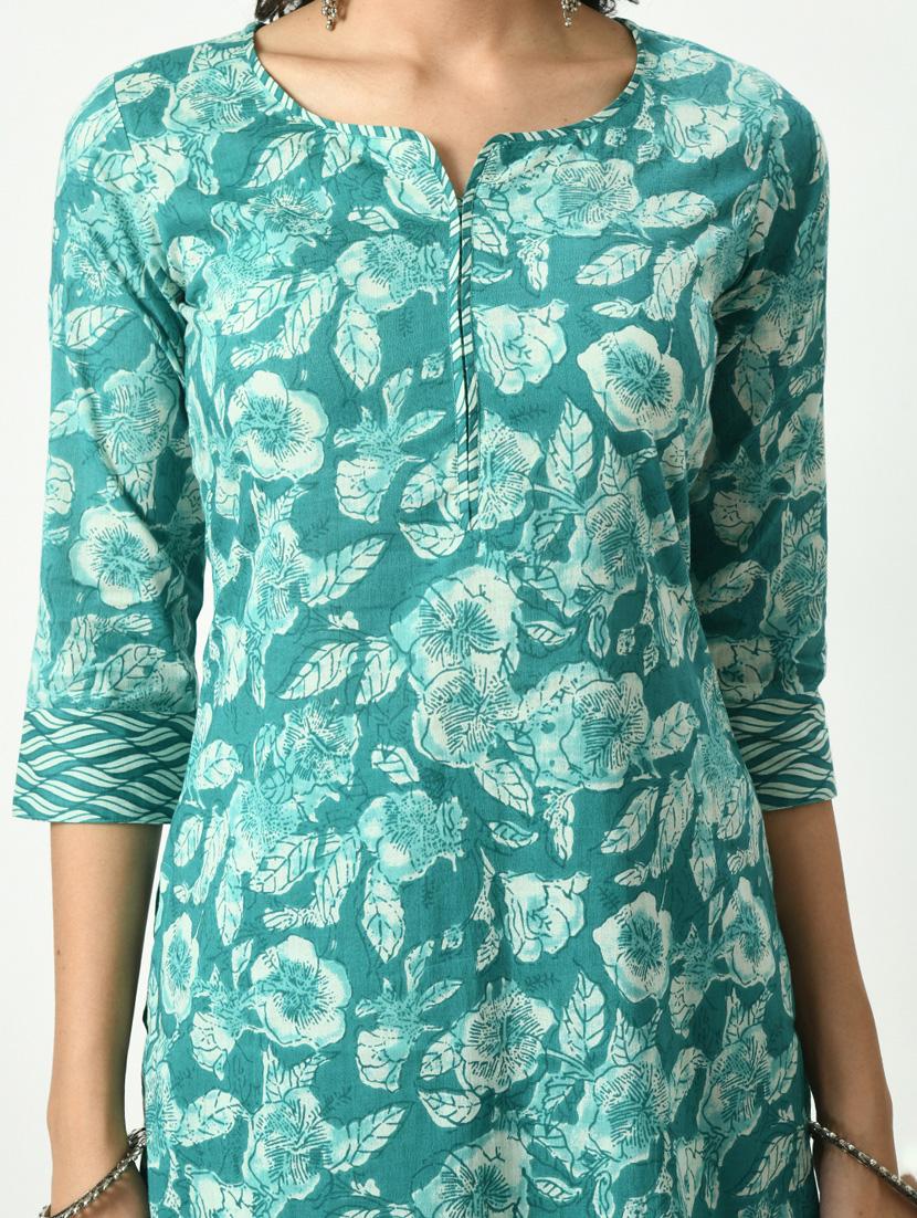 women turquoise notch neck kurta pant set with dupatta - 20410461 - Standard Image - 4