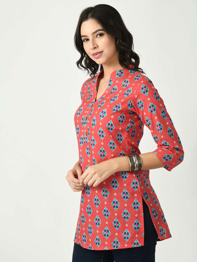 coral three quarter sleeve straight kurti - 20411244 -  Standard Image - 1