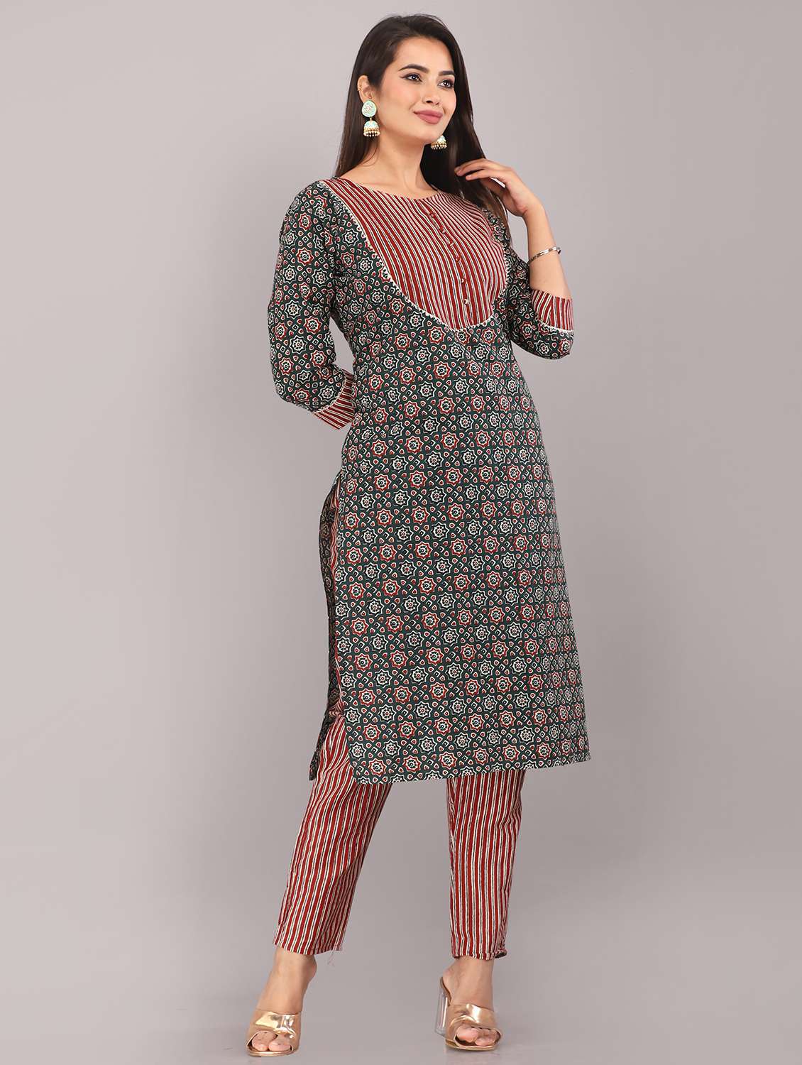 contrast yoke printed kurta pant set - 20411682 - Standard Image - 1