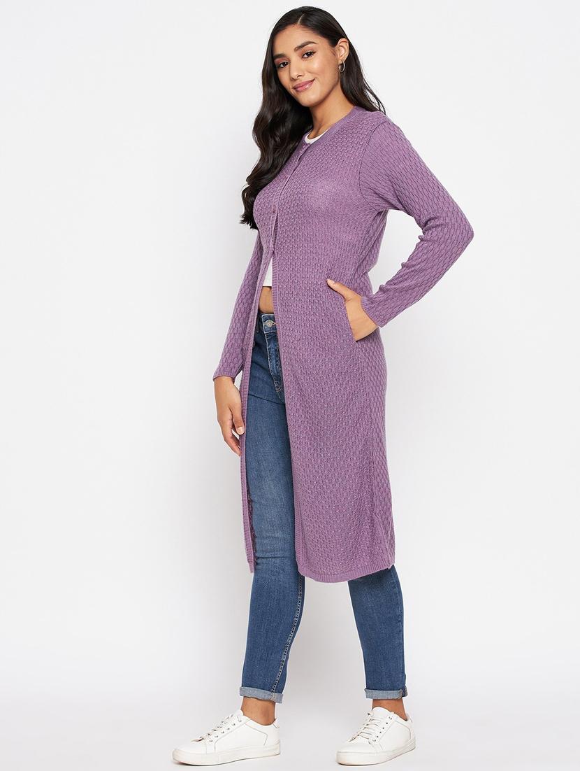 lavender self designed long sleeves long cardigan - 20412106 - Standard Image - 1