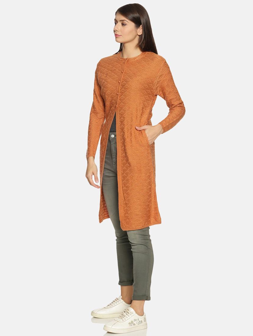 orange self designed long sleeves cardigan - 20412113 - Standard Image - 1