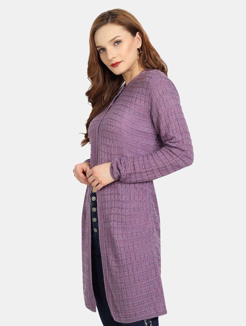 purple self designed long sleeves cardigan - 20412174 -  Standard Image - 1