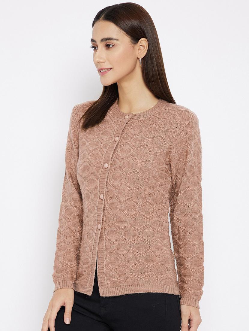 beige self designed long sleeves cardigan - 20412198 - Standard Image - 1