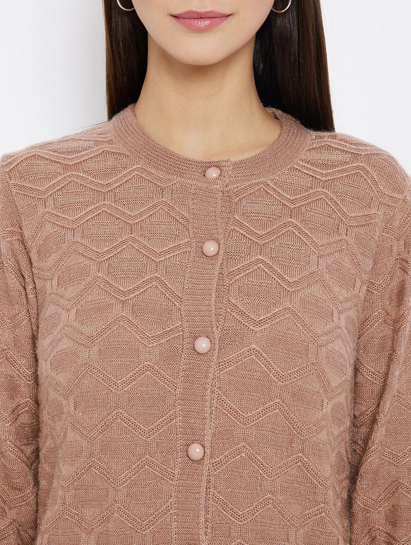 beige self designed long sleeves cardigan - 20412198 - Standard Image - 4
