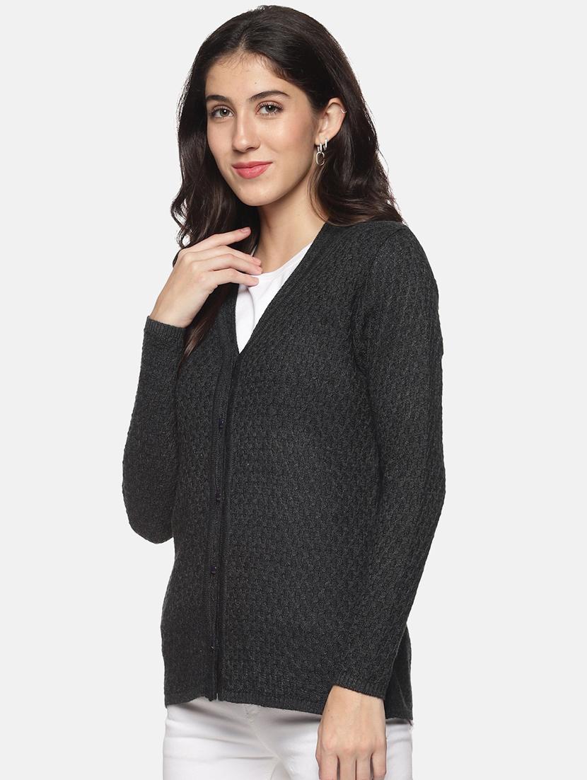 charcoal self designed long sleeves cardigan - 20412206 -  Standard Image - 1