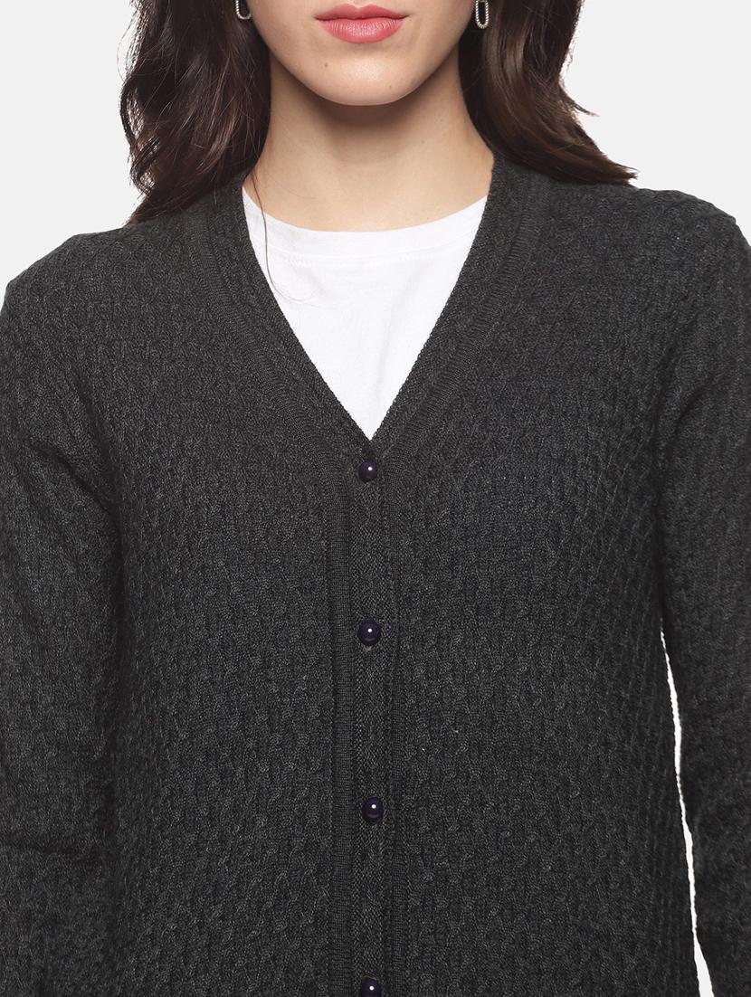 charcoal self designed long sleeves cardigan - 20412206 - Standard Image - 4