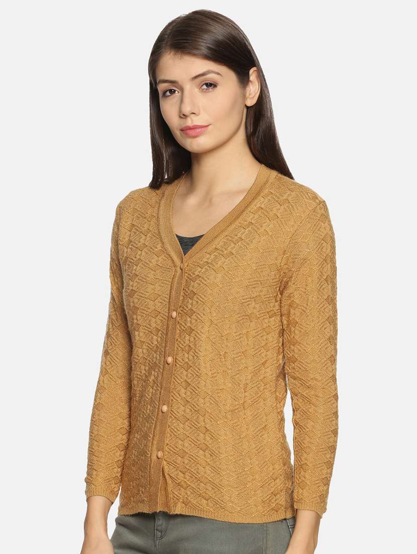 yellow self designed long sleeves cardigan - 20412214 - Standard Image - 1
