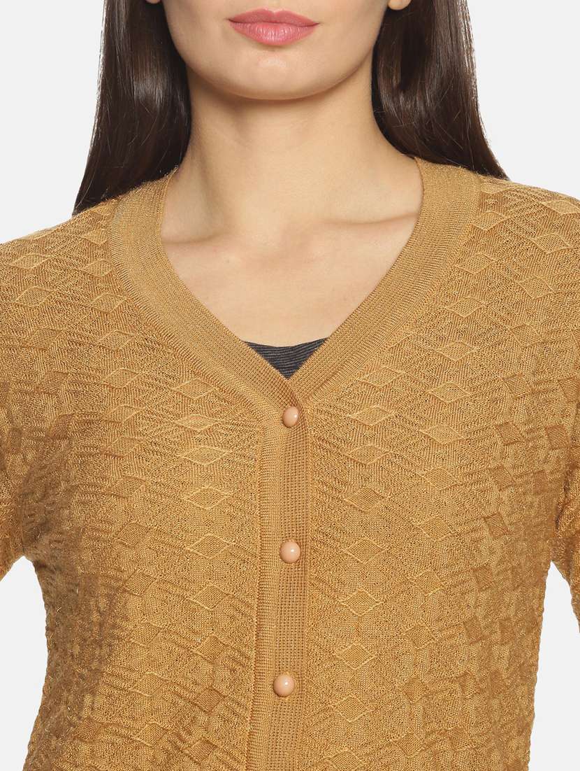 yellow self designed long sleeves cardigan - 20412214 - Standard Image - 4