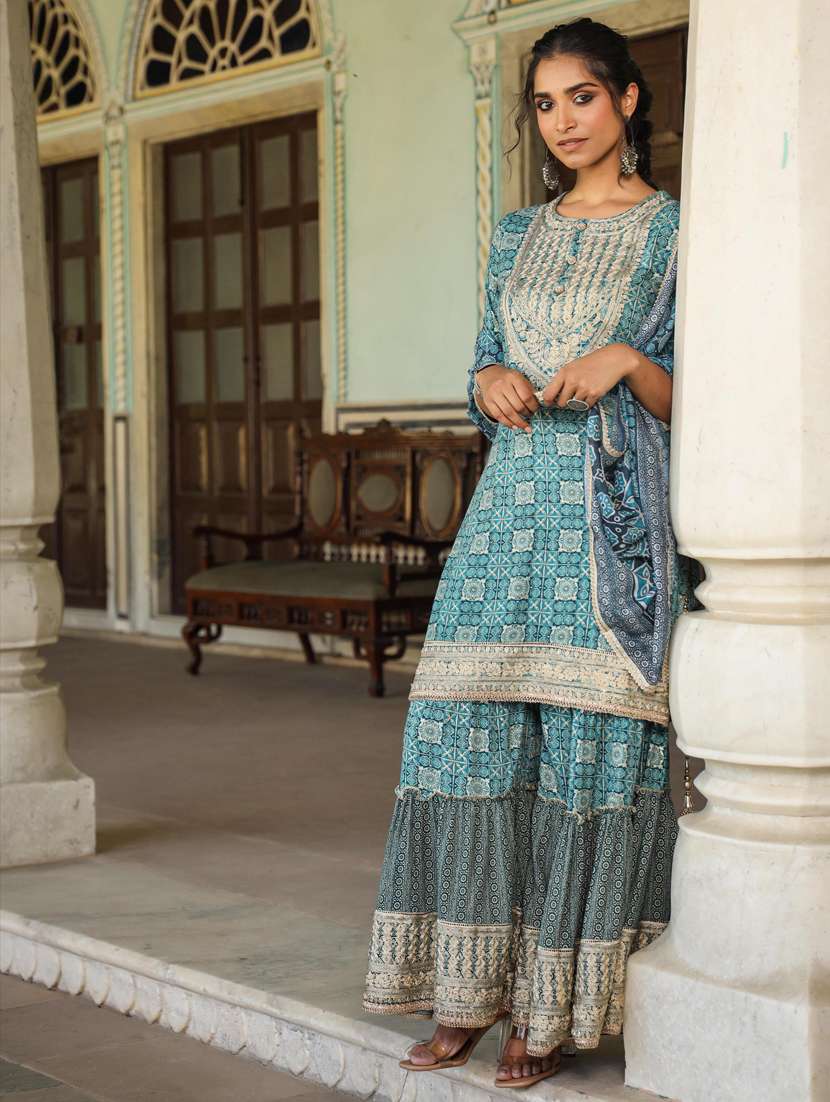 printed zari work kurta sharara set with dupatta - 20412719 -  Standard Image - 1