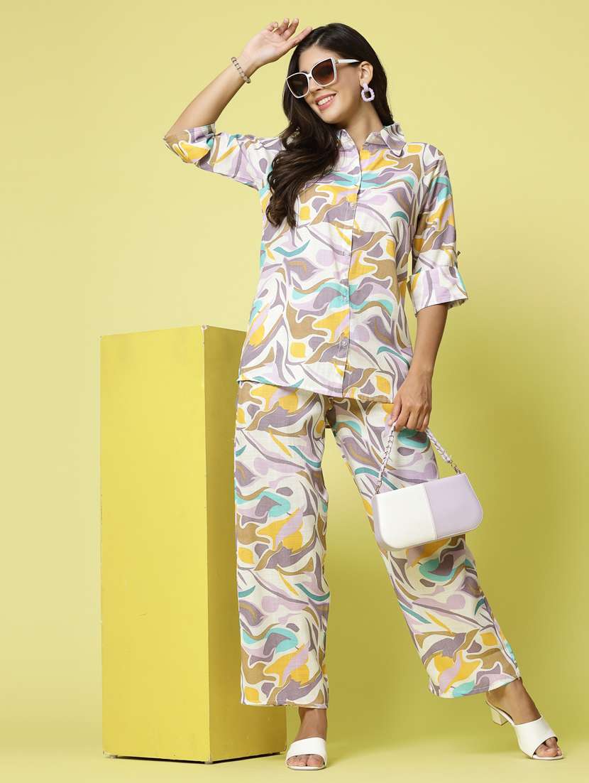 multi color abstract print shirt and trouser set 