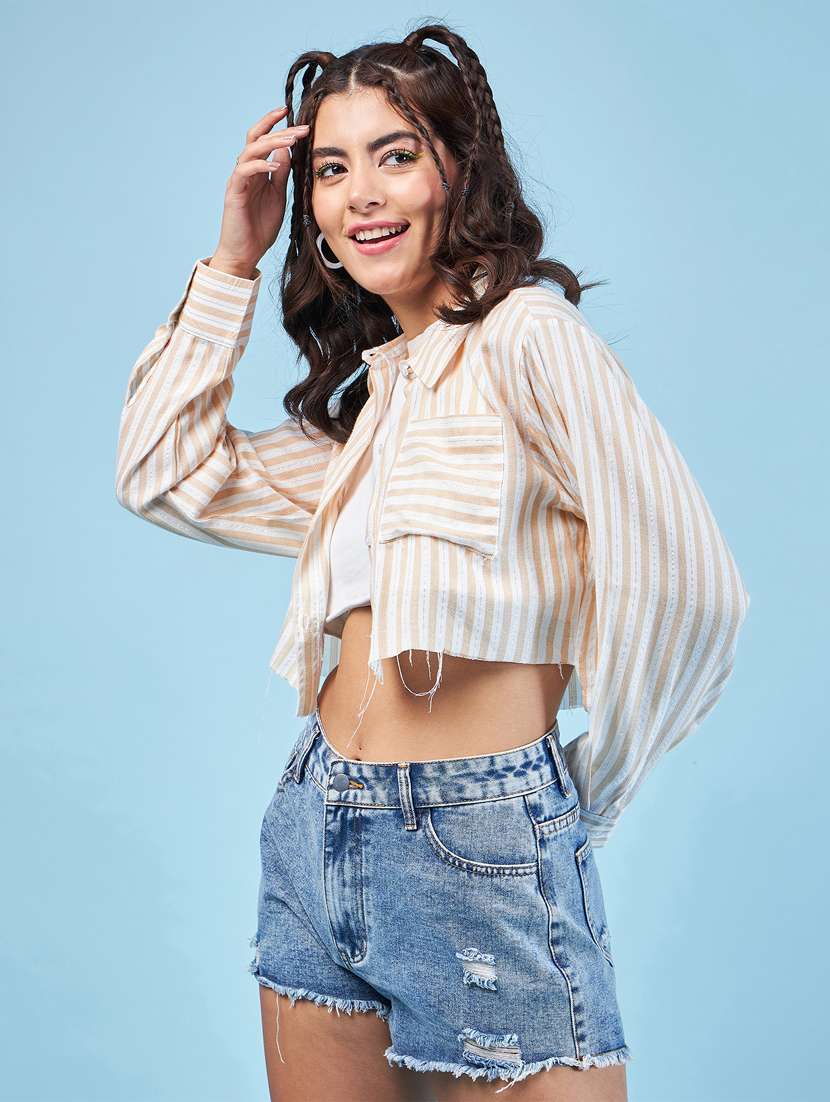 beige striped long sleeves boxy fit shirt - 20412877 -  Standard Image - 1