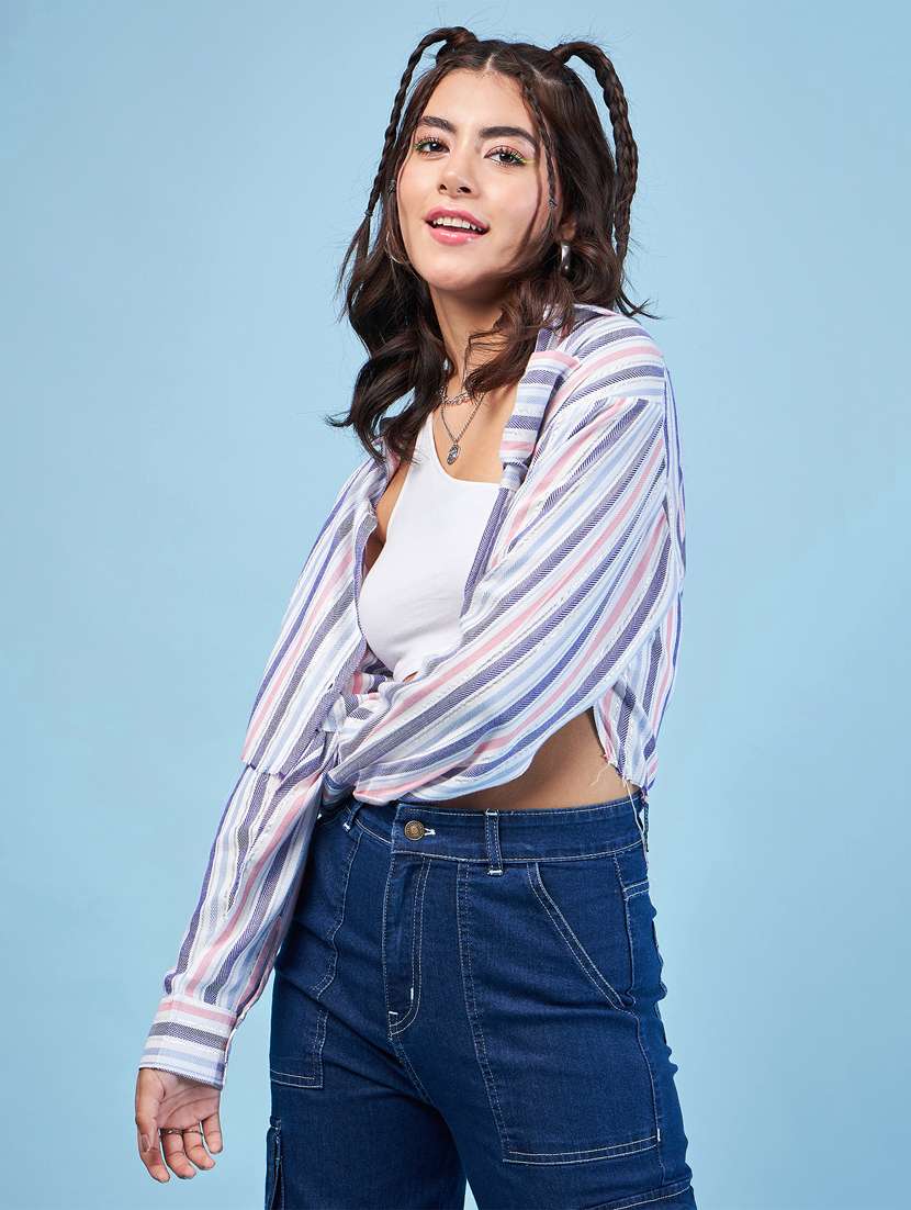 blue striped long sleeves crop shirt