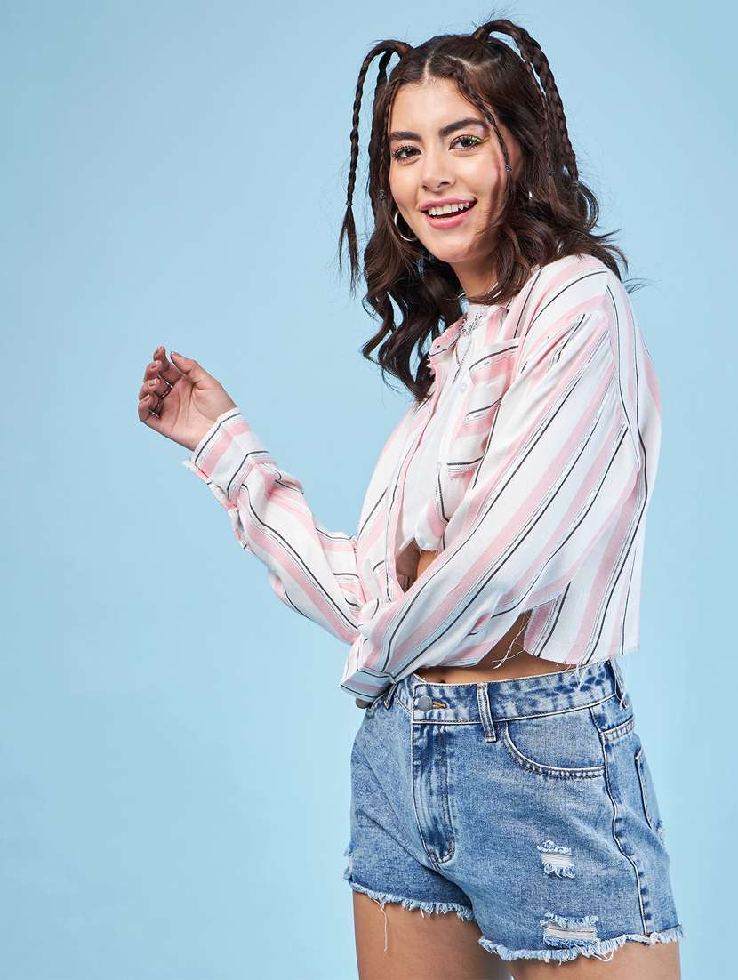 pink striped long sleeves crop shirt