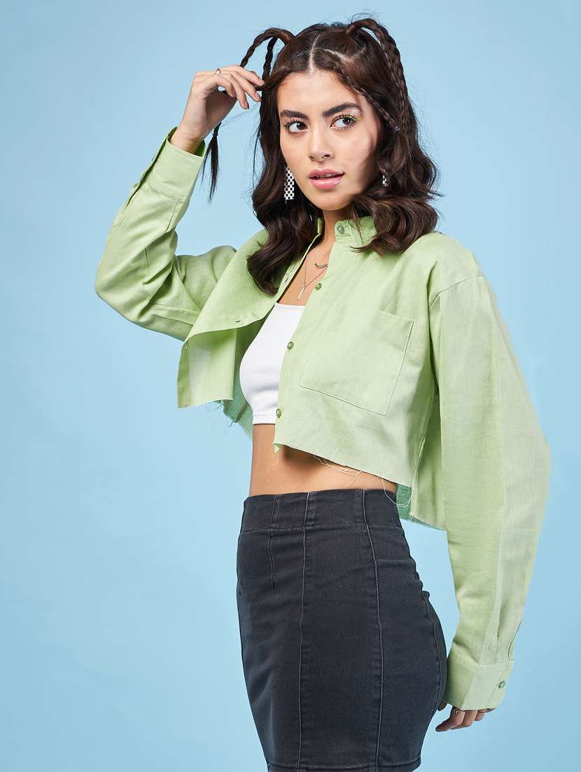 green solid long sleeves crop shirt
