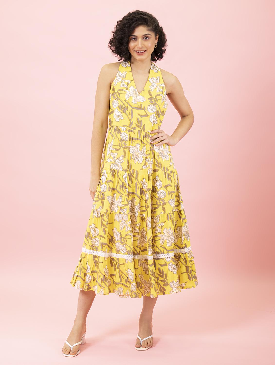 yellow floral print tiered dress - 20412988 -  Zoom Image - 0