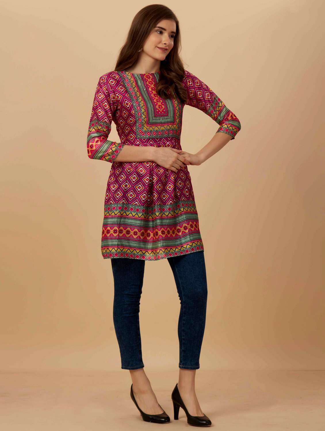 women pink round neck flared kurti - 20413519 - Standard Image - 1